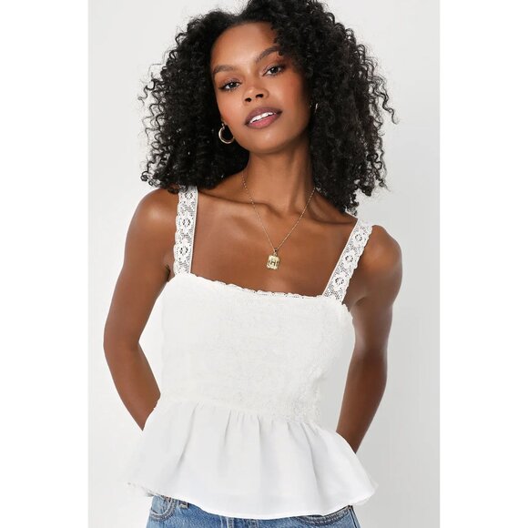 Lulu's Lovely Afternoon Ivory Lace Sleeveless Peplum Cami Top Size Small NWOT - Picture 2 of 7